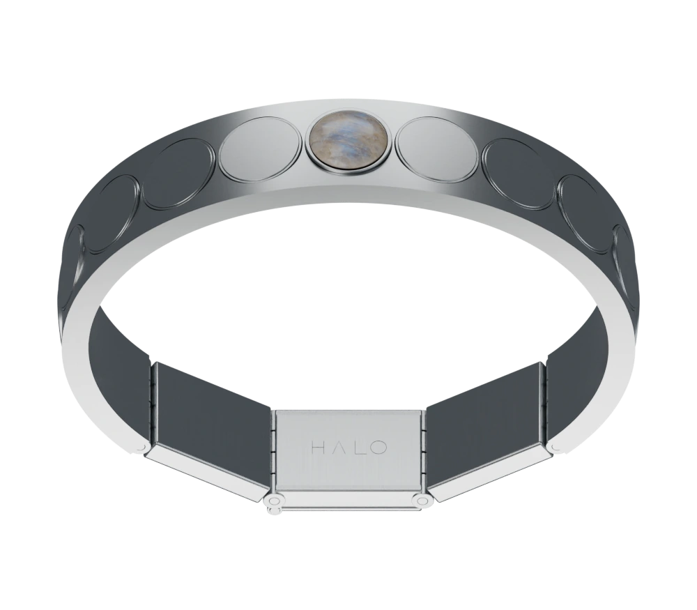 Halo I with Moonstone installed and eleven clean brushed-steel pellets