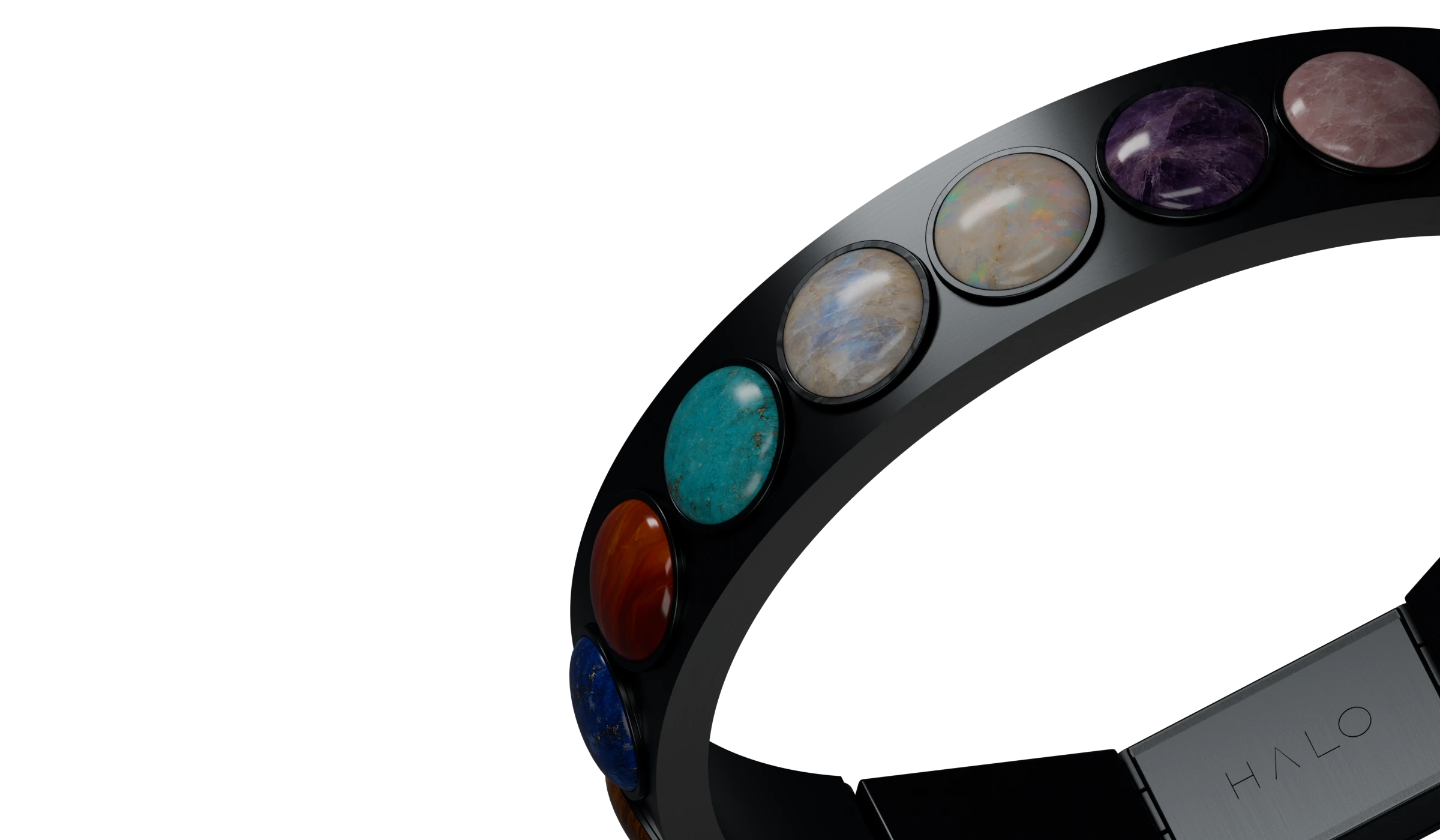 Close detail of Halo’s brushed black PVD bracelet and natural milestone stones.